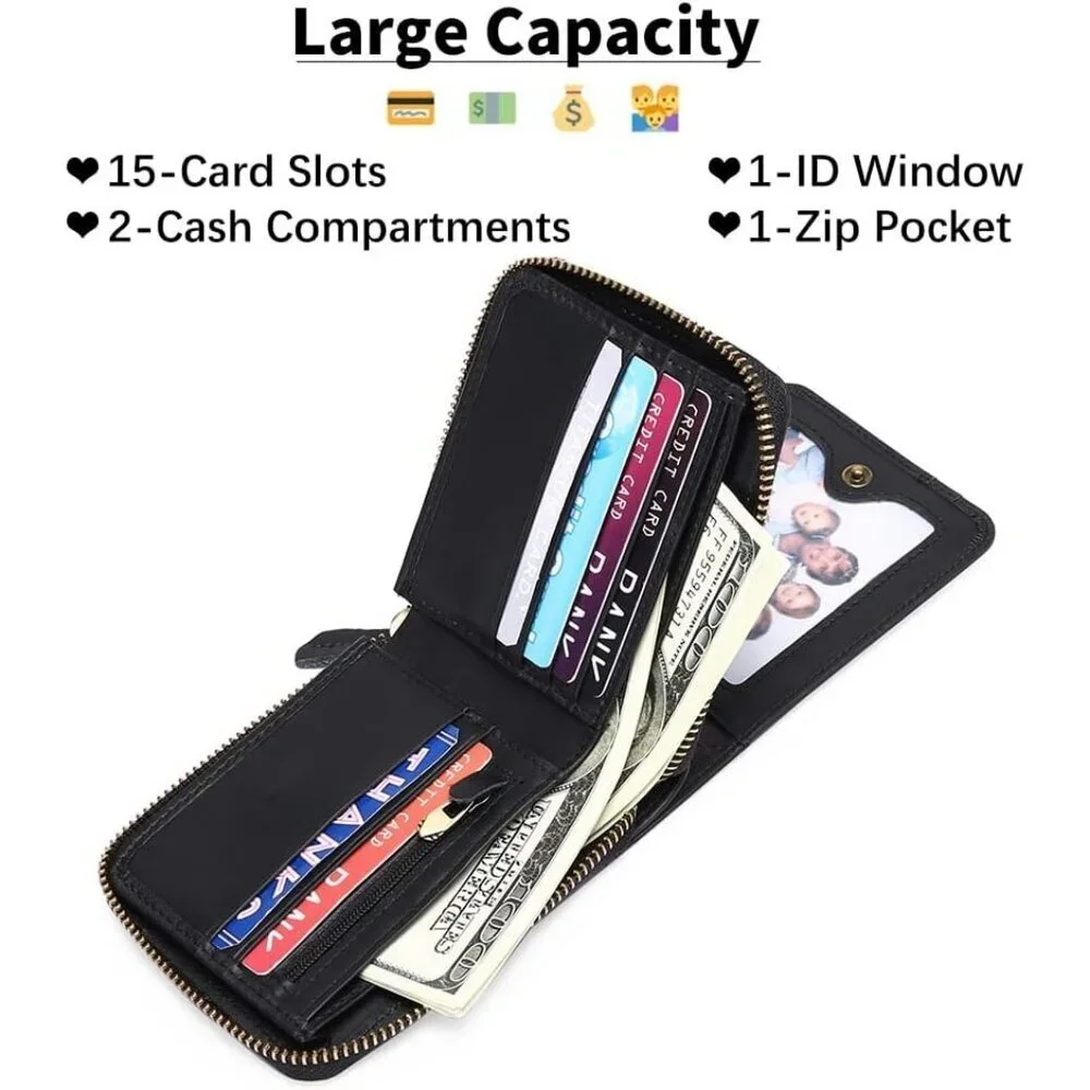 Men's A-Black Wallets Genuine Leather Front Around Zip Pocket Credit Card
